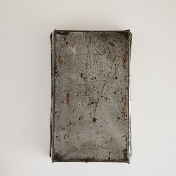 Vintage Enamel Baking Pan Loaf Folded Graniteware Gray Spatter Primitive Kitchen - Picture 5 of 10